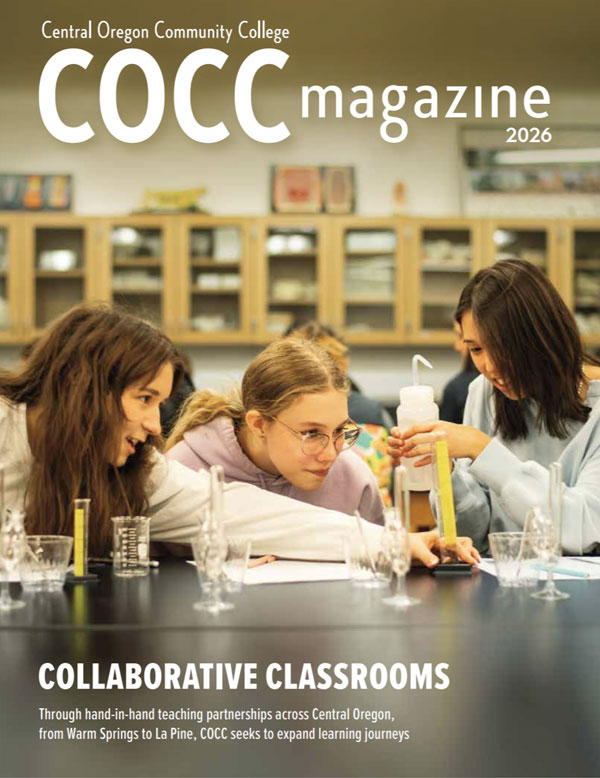 Cover of COCC Magazine 2026 showing three students in a science lab collaborating on an experiment with glass beakers and measuring tools, with the headline “Collaborative Classrooms.”