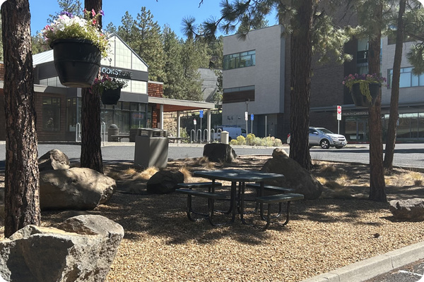 Picnic table in front of COCC Bookstore