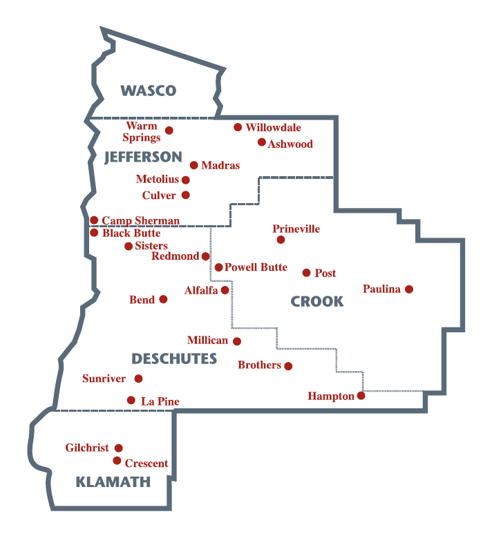 Map showing Central Oregon Community College’s district, including Jefferson, Crook, Deschutes, and parts of Wasco and Klamath counties, with towns and communities labeled such as Madras, Redmond, Bend, Prineville, La Pine, and Gilchrist.