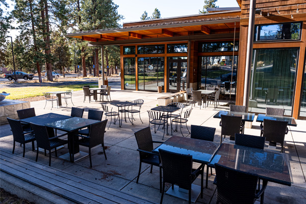 Jungers Culinary Center patio, complete with glass tables and chairs