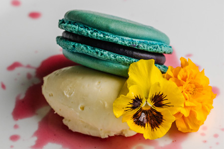 Picture of a blue macaroon with a scoop of ice cream plated with an edible flower