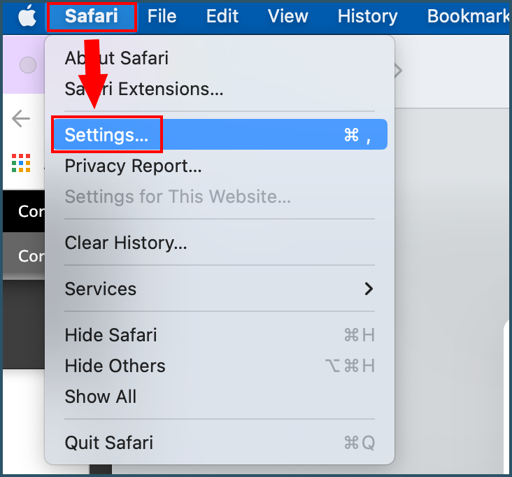 Safari tools menu