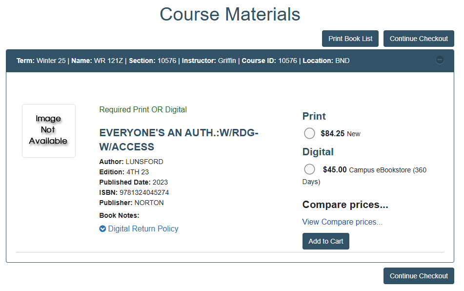 Example of the note on the Bookstore catalog for a standard purchase model class. Bookstore catlog image for WR121Z section for the winter 25 class