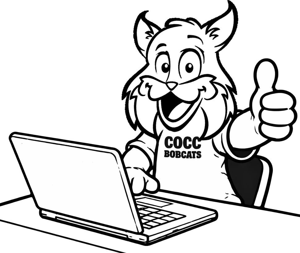 The COCC Bobat is seated at a desk with a laptop and giving the viewer a thumbs up