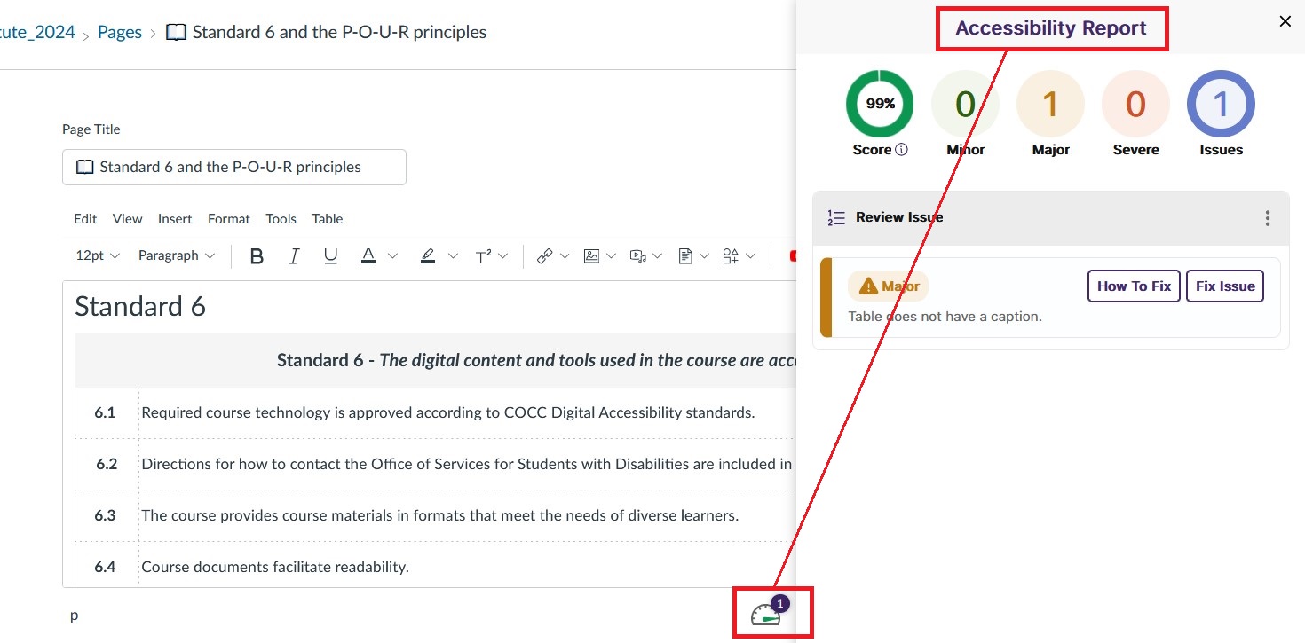 screenshot of the Panorama accessibility icon in the Canvas rich content editor, with a red line point to the slideout accessibility report widget