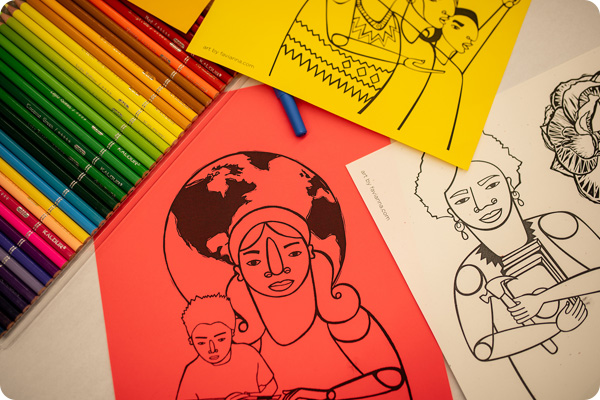 Coloring pages with diverse women and children alongside rainbow-colored pencils