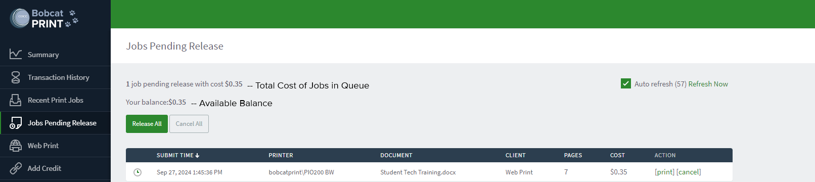 Bobcat PRINT User Portal Bobcat PRINT User Portal