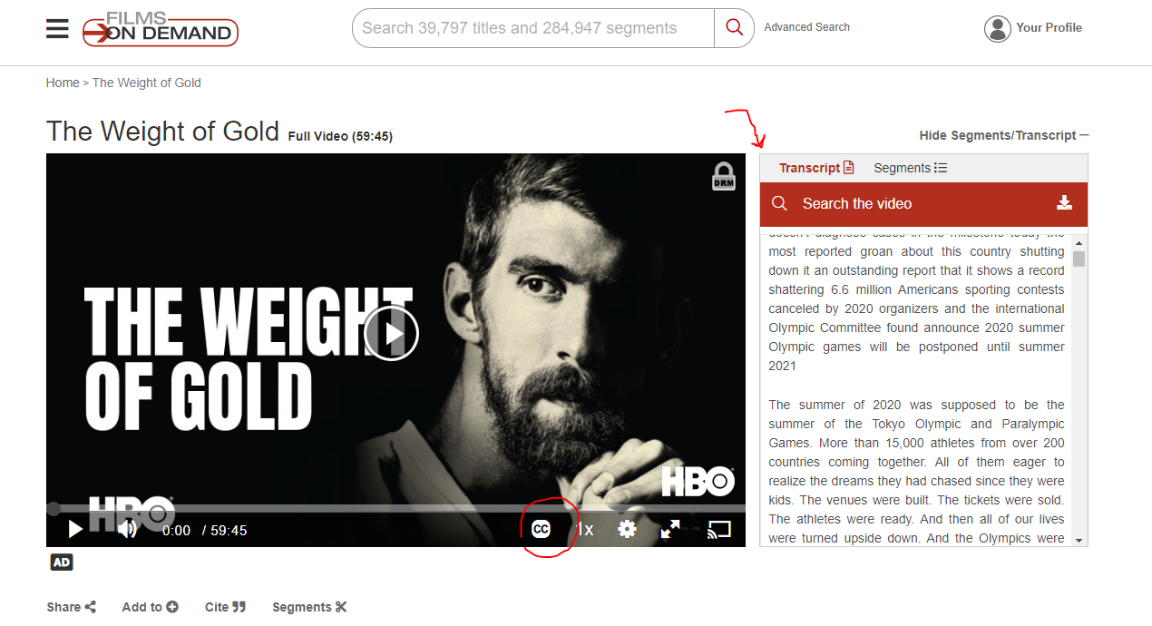 Video player showing the CC button in video controls and the interactive transcript next to the video.