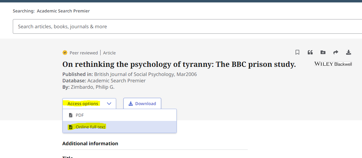 This database search result has the "read online" option selected.