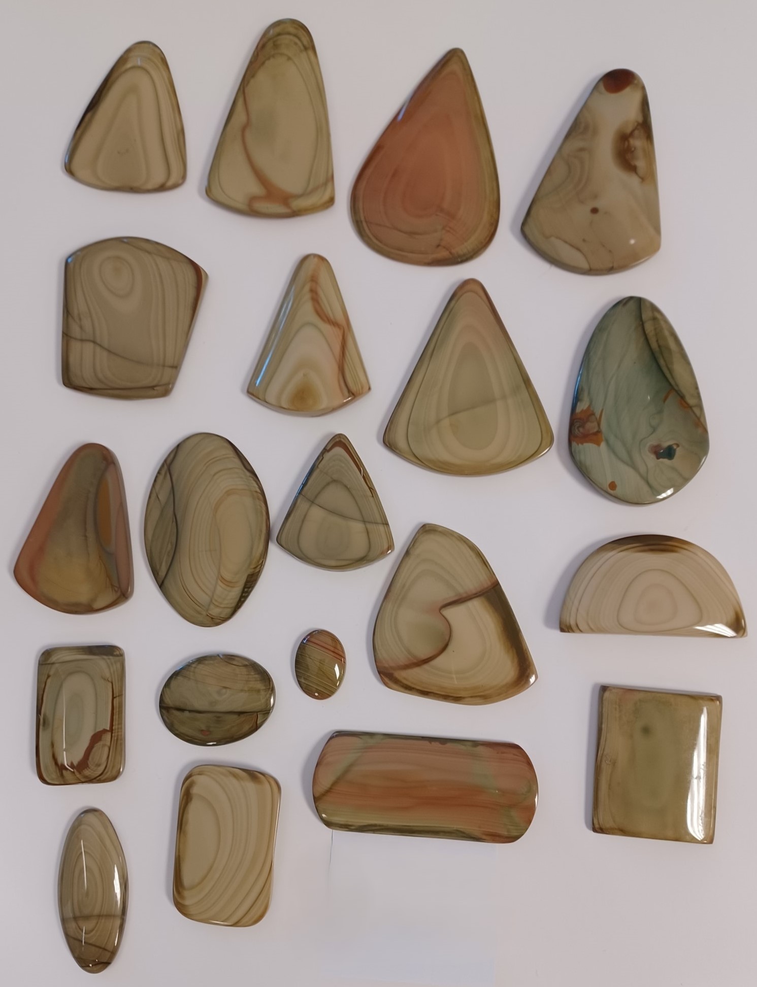 Polished slices of jasper. Coloration is largely beige, with some red, blue and darker browns. 