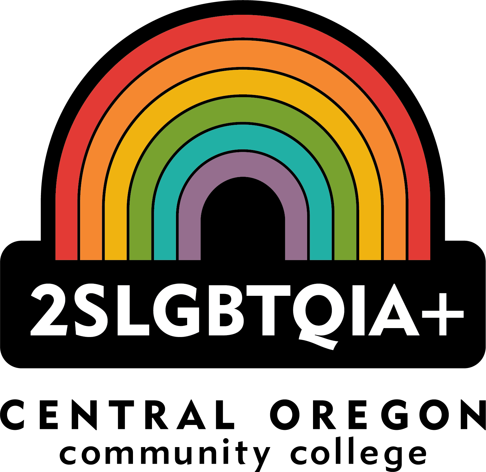 2SLGBTQIA+ Central Oregon Community College Logo with rainbow in muted colors and black backrgound