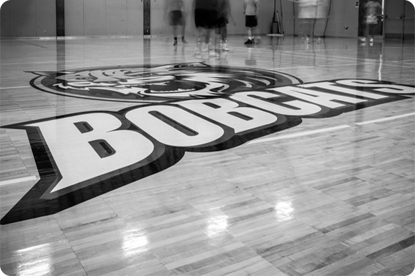 Bobcat Logo on the gym Mazama Gym floor