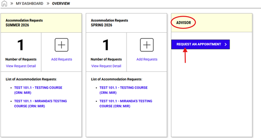 overview page with a red circle around advisor and a red arrow pointing at request an appointment