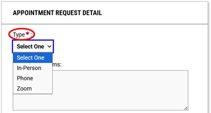 appointment request detail box with the type selector outlined in red