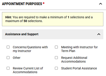 Appointment purposes section with selection boxes