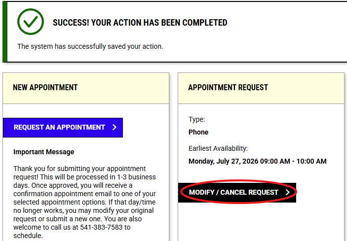 Appointment request box with modify/cancel request circled in red