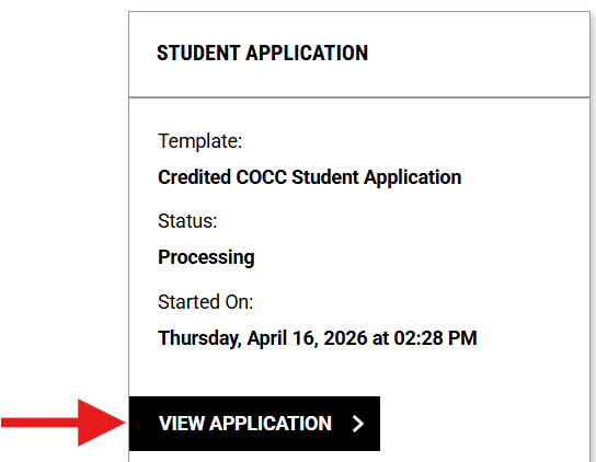 Student application box with red arrow pointing at view application