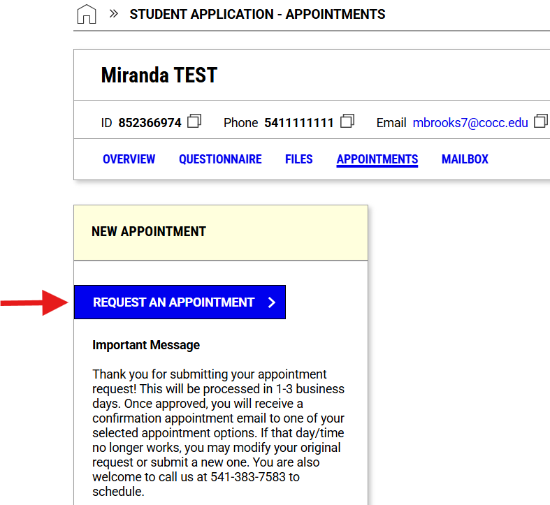 new appointment box with red arrow pointing to request an appointment