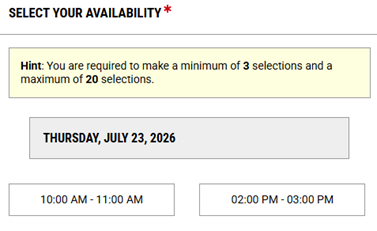 Select your availability section with buttons to select times