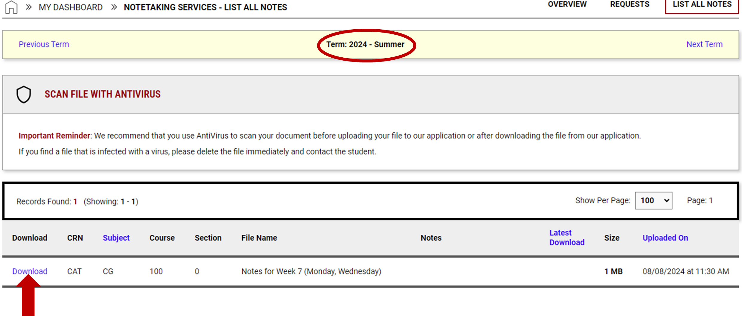 Screenshot of notetaking services - list all notes page. Red bold circle around term: 2024 - Summer. Red arrow pointing upward to blue Download link.