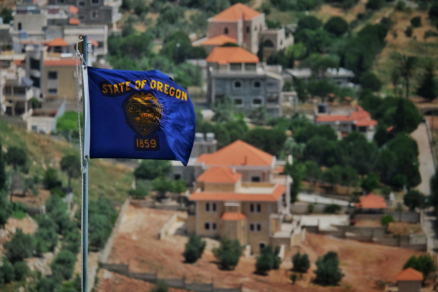 oregon state flag with city in the background