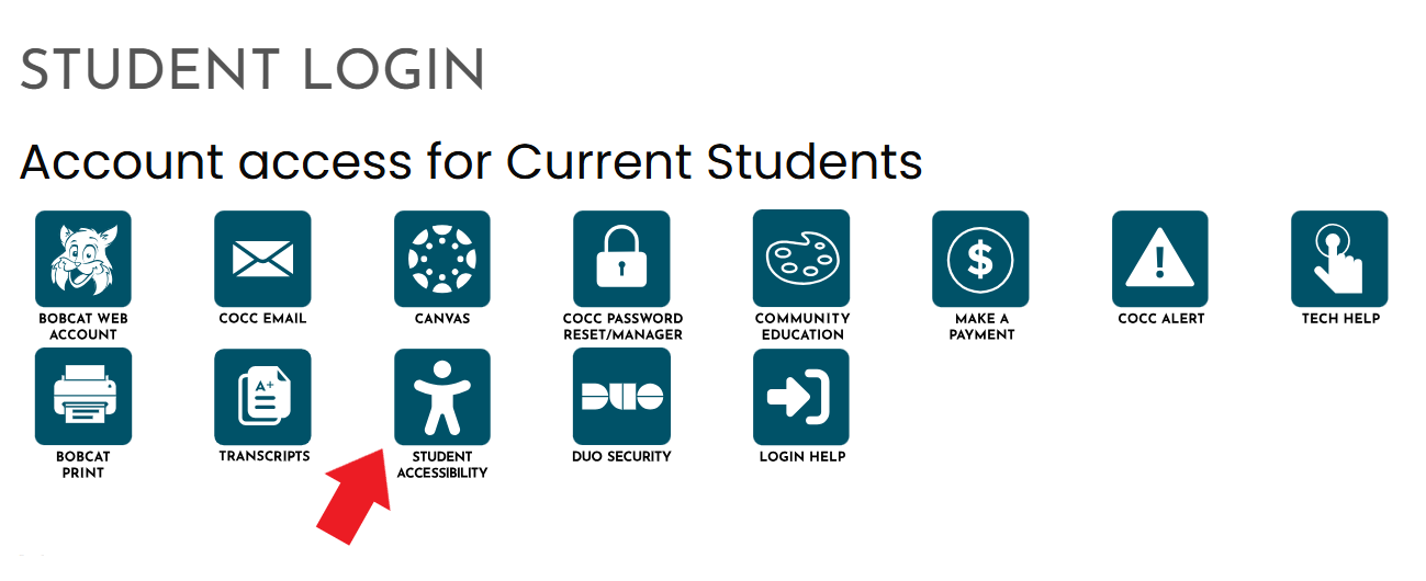 Student login page, arrow pointing at student accessibility icon