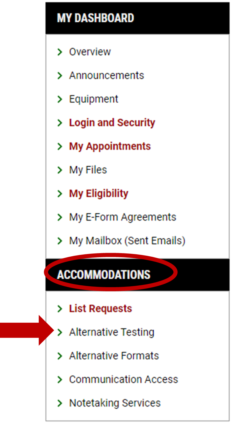 Accommodations circled on left hand side menu with an arrow pointing at alternative testing