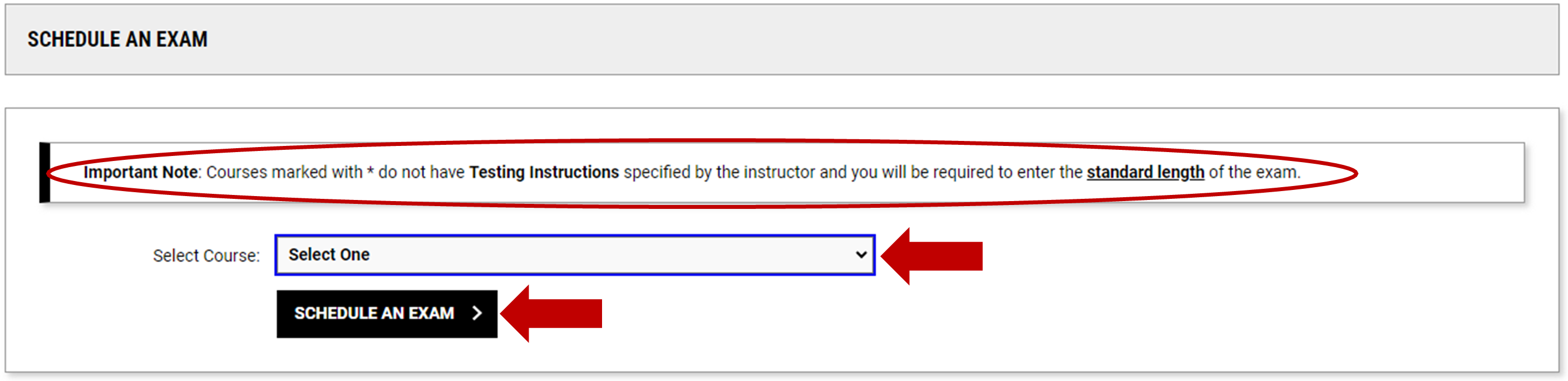 Schedule exam area with red arrows pointing at select course dropdown and schedule an exam
