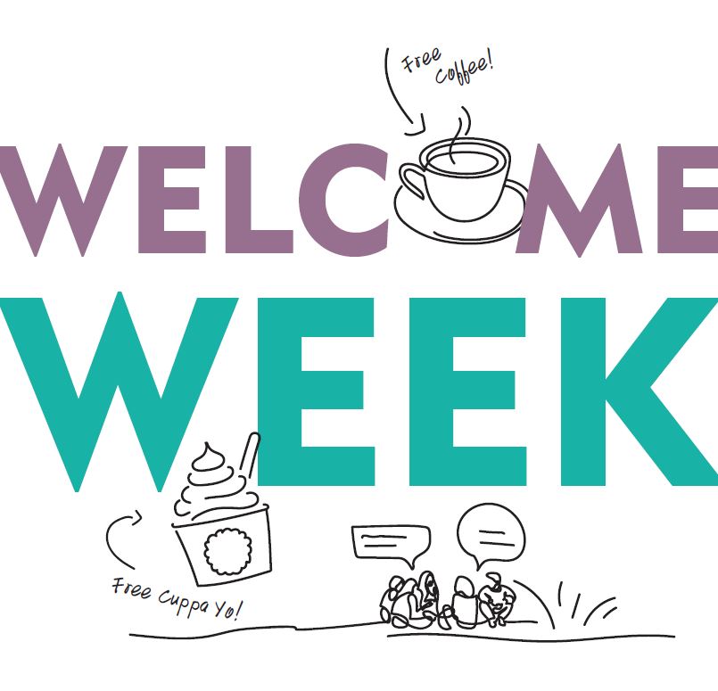Bend Welcome Week logo with images of free coffee, fro yo, and friend chatting