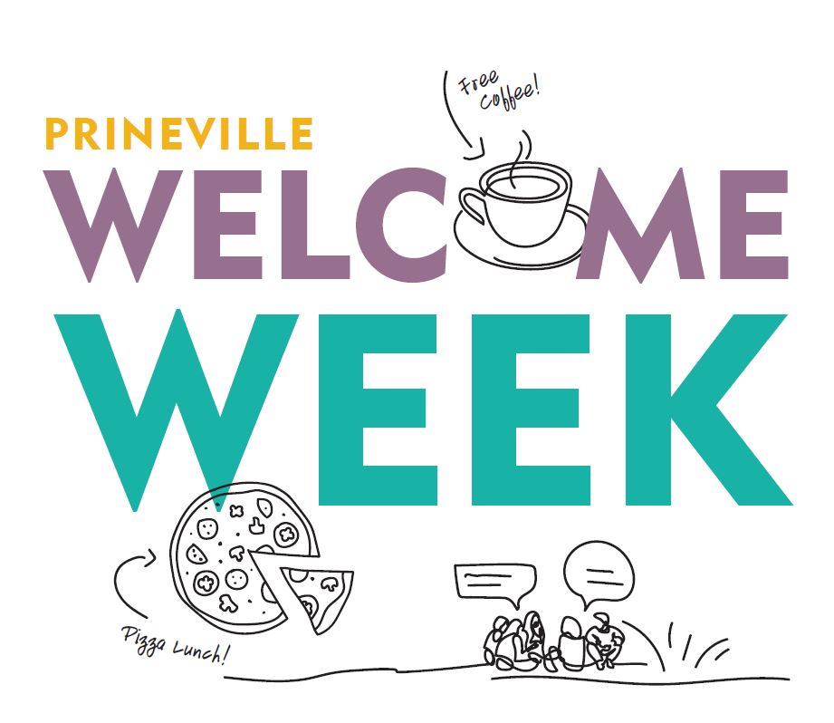 Prineville Welcome Week logo with image of pizza, coffee and friends chatting