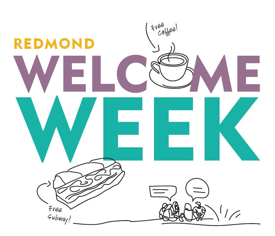 Redmond Welcome Week logo with image of pizza, coffee and friends chatting